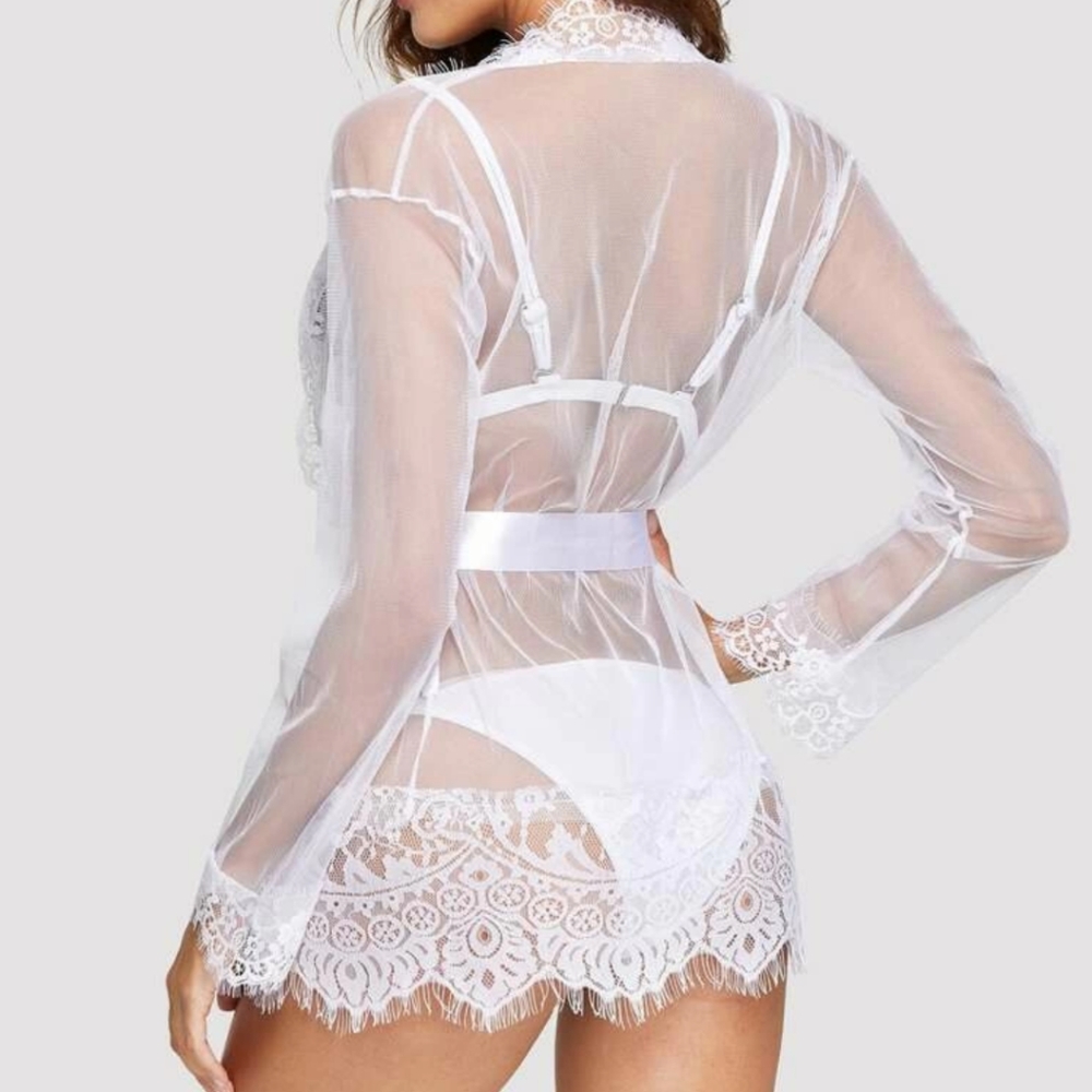 New White Lace Sheer Short Robe Top Ribbon Tied Waist - Picture 2 of 3